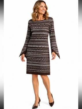Emma & Michele Brown and White Patterned Long Sleeve Shift Dress